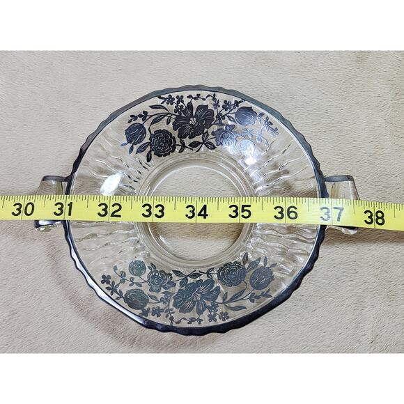 Candy Dish Clear Glass w/ handles 7 3/4" Black Floral Design Black Trim 60s Vtg - Picture 11 of 11